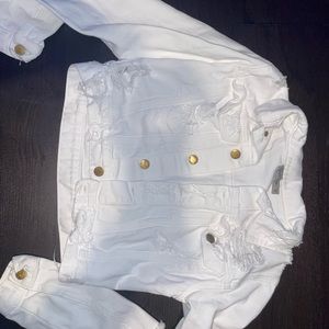 White distressed cropped jean jacket